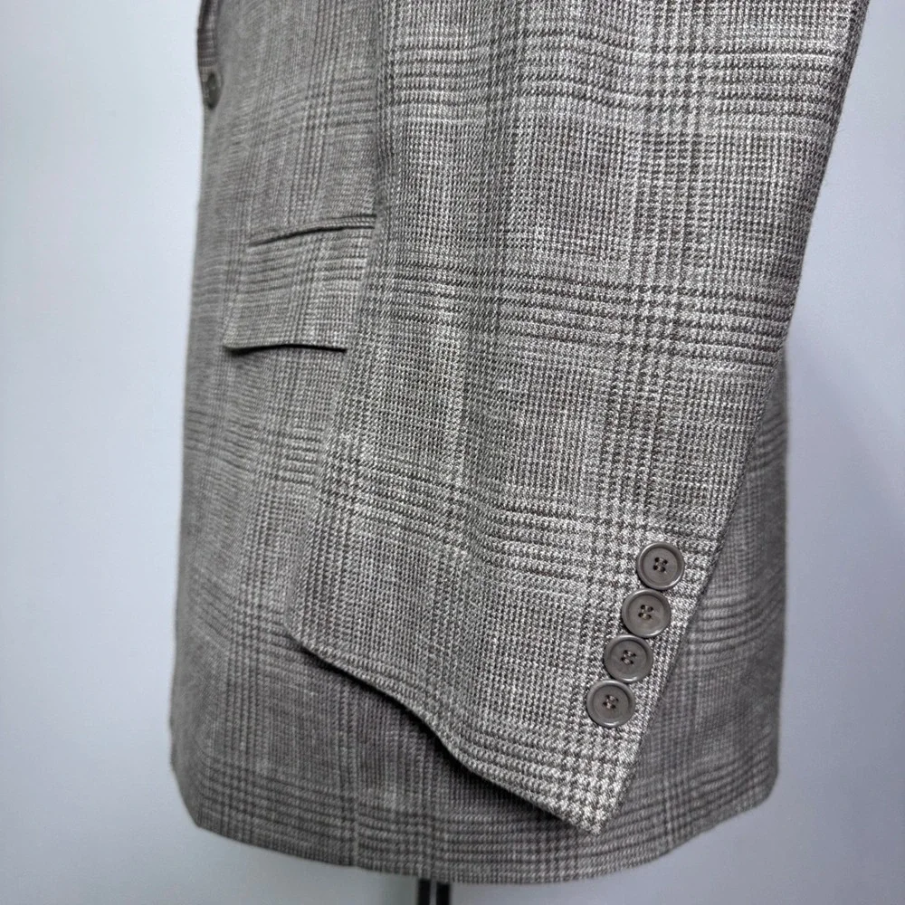 Jos. A. Bank Sport Coat Mens 43 RG Brown Glen Plaid‎ Wool Silk Linen Blazer